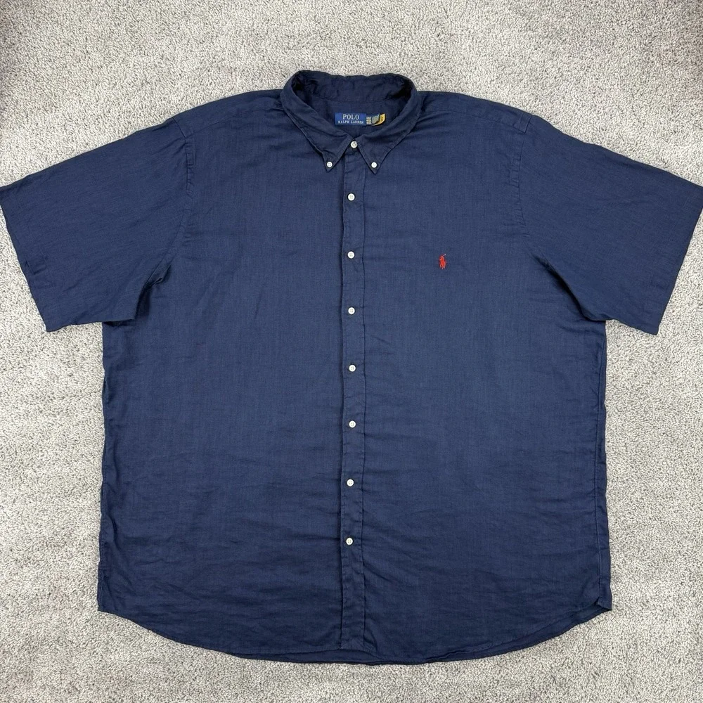 Polo Ralph Lauren 100% Linen Shirt Men's 4XLT Navy Short Sleeve Button Down